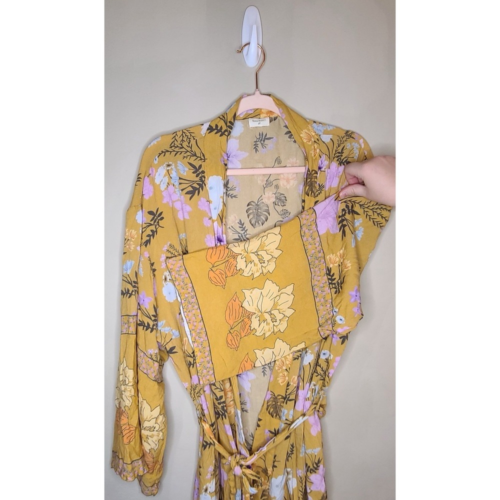 World Market Floral Kimono Wrap Dress Boho‎ Mustard Yellow Belted Resort Boho - Picture 7 of 7